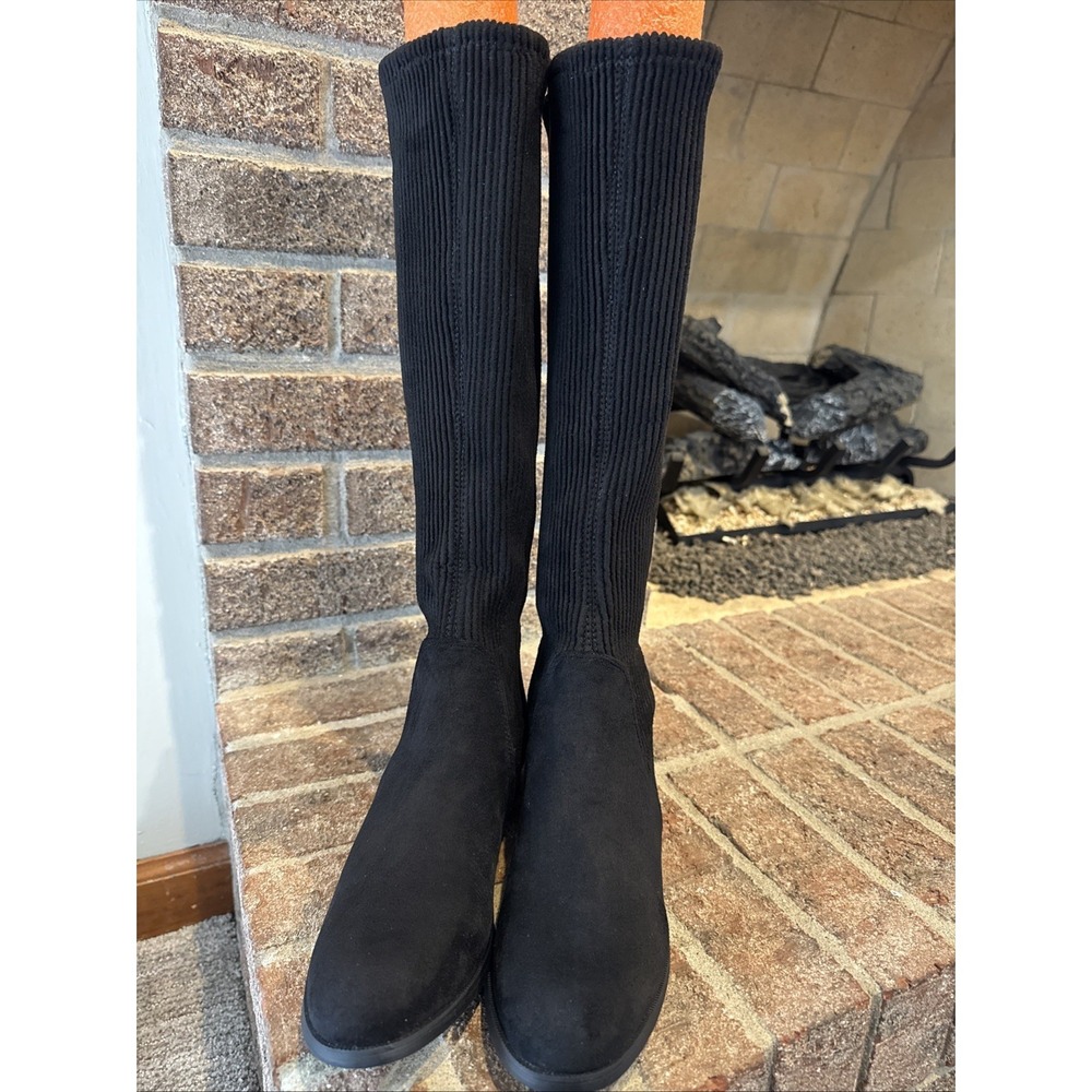 Chelsea Crew Eliza Stretch Black Micro Pull On Knee High Boots‎ Size 37 US 6-6.5